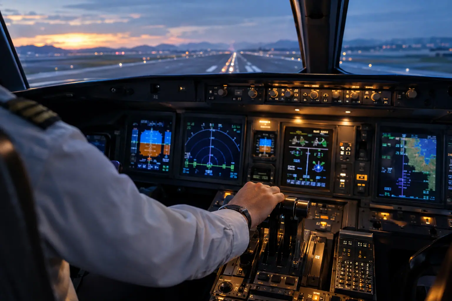 Business jet cockpit before departure